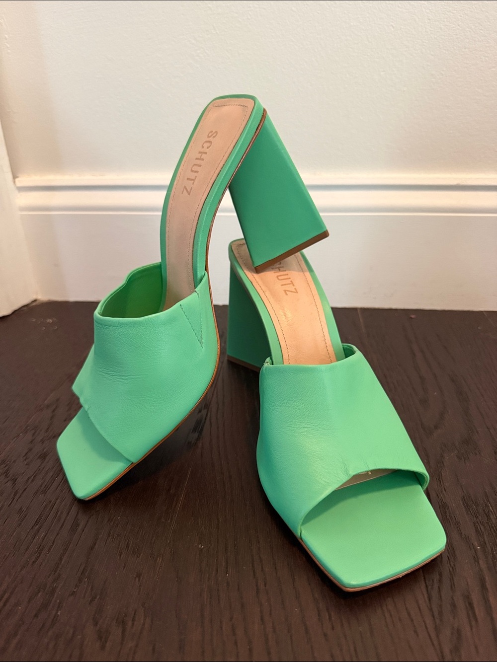 Schutz Green Block Heel Slide Sandals